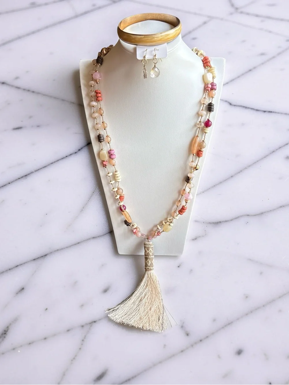 Boho Tassel Necklace Cream Tassel and Pink Accents Bracelet and Earrings Set